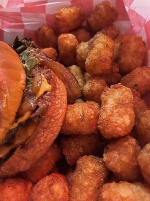 Double smash cheese fried onions lettuce tomato with tots....