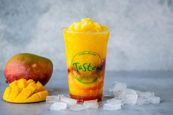 Mango All The Way: Mango slushy with green mango bits and raspberry