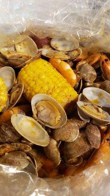 Clams and shrimp bag with corn and potatoes added