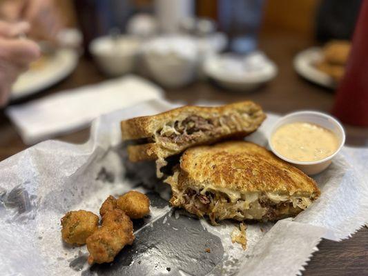 The Reuben sandwich with fried okra. I'm sorry I started to eat the okra before I remembered to take a picture so there wasn't much left.