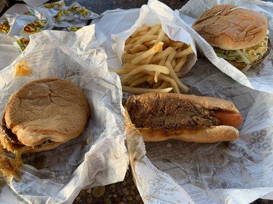 Sauce burger with cheese (on the left), frenchie fries & hot dog, and Big Pal with cheese.