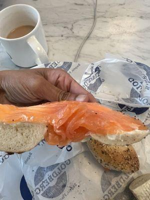 Everything Bagel with cream cheese and salmon