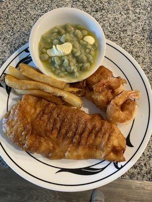 Fried Cod, fried shrimp, French fries, and mushy peas. To die for