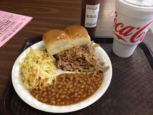 Whole hog pulled pork plate, beans, sweet vinegar slaw