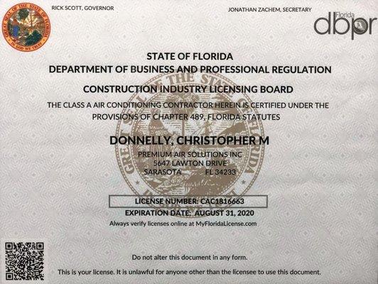 Current Class A HVAC License