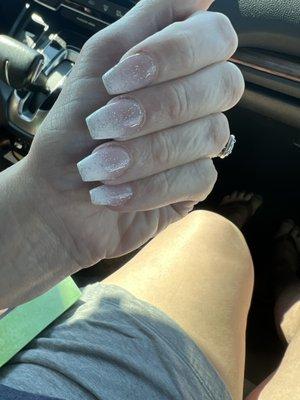 Ombré French manicure with sparkle top coat coffin shaped