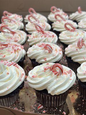 Chocolate cupcakes with Swiss meringue buttercream and candy canes.