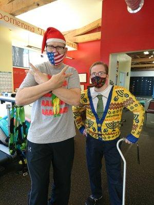 Physical therapist Joe Zacher posing with an awesome elder client. At Boomerang PT can = Play Time, if you have the right clinician