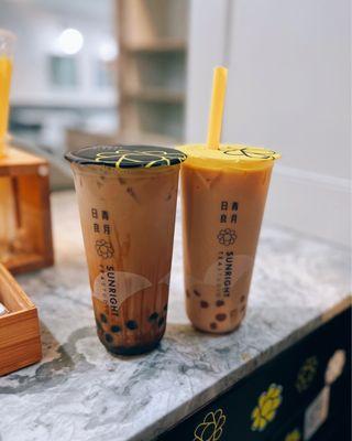 Sunright boba milk tea / $5.25 + Hokkaido milk tea / $4.95 w/ honey boba / $0.75