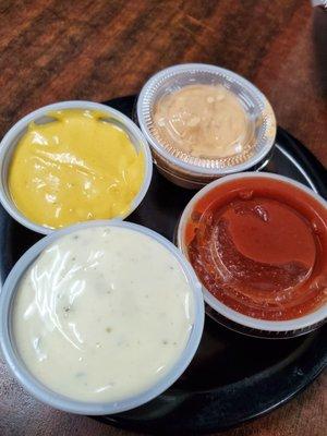 Honey mustard, ranch, marinara, and bistro sauce.