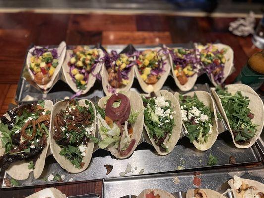 Bottom (from L to R): Portobello; Grilled Chicken (no cheese); Carne Asada Top: Mango-Hop-Anero Shrimp tacos, all on flour tortillas