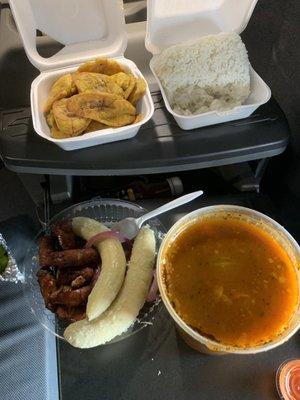 Mondongo soup guineo and longaniza rice and tostones