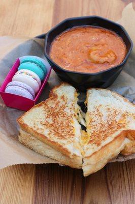 Four cheese melt served with cup of tomato tortellini soup with from Butterfield's Bakery + Market, inside the Lenexa Public Market.