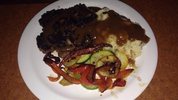 Chopped sirloin steak w mashed potatoes.