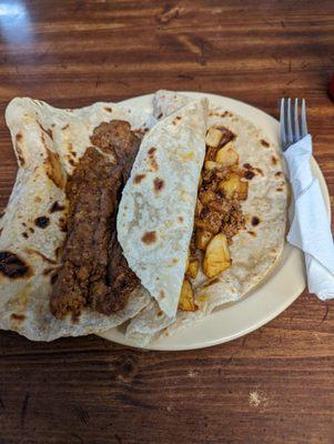 Chorizo and bean and chorizo and potato tacos