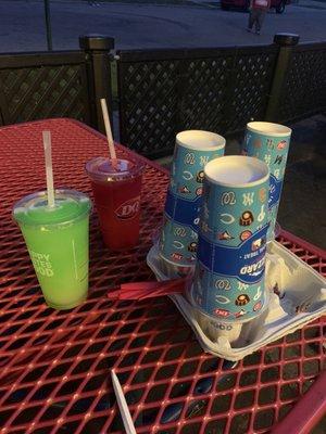 Friday night sweets for my 5 kids, 3 large twist cones dumped in cups ($1.89each) 2 large slushes ($1.49each). Deals!