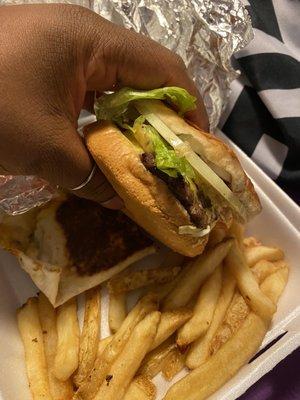 Double burger, chicken quesadilla and fries