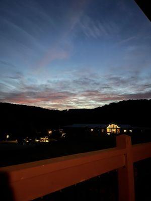 View from our cabin deck of the lodge at night