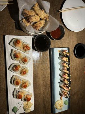 Fried chicken, salmon on the beach roll, firecracker roll