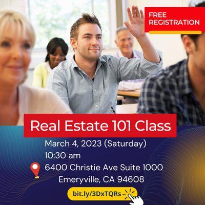 Real Estate 101 Class
March 4, 2023 (Saturday)
10:30 am
Register for FREE!
bit.ly/3DxTQRs