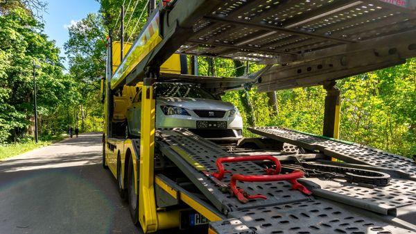 Inside of a double deck car hauler.