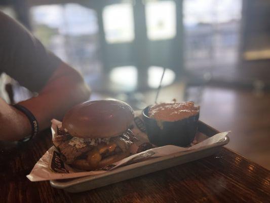 Bbq brisket burger and Mac and cheese