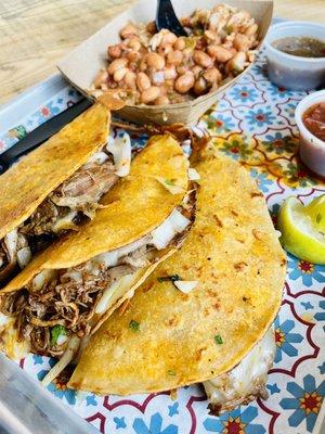 Quesatacos, beans and rice