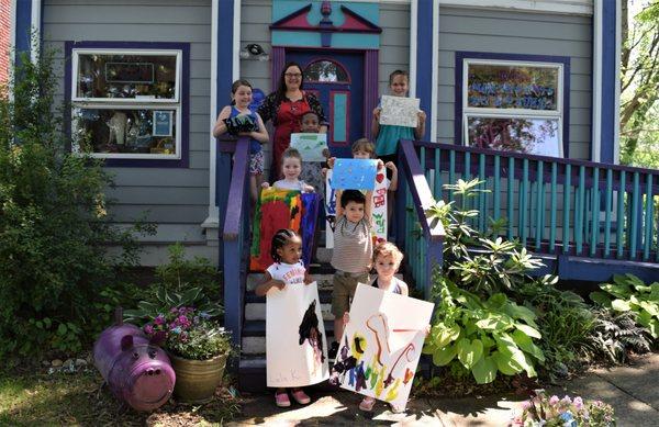 Owner, Karen, with kids in front of the Albany Art Room.