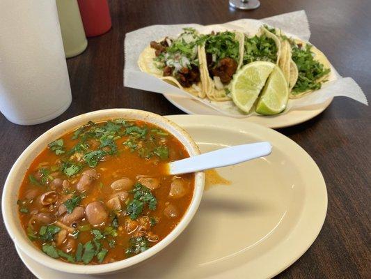 The tacos and charo beans.