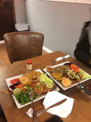 Fried fish,fried plantains with rice and beans