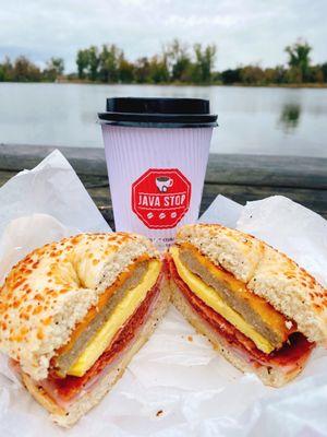 "Perks of Being a Wallflower" lavender oat milk latte & The Ultimate breakfast sandwich on Asiago bagel.