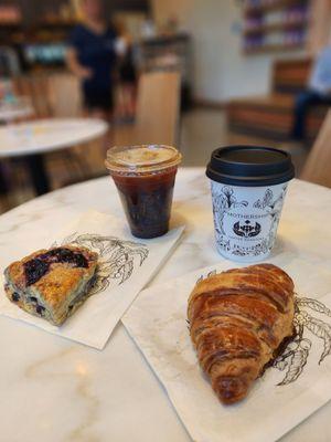 Blueberry scone, butter croissant, Americano, latte