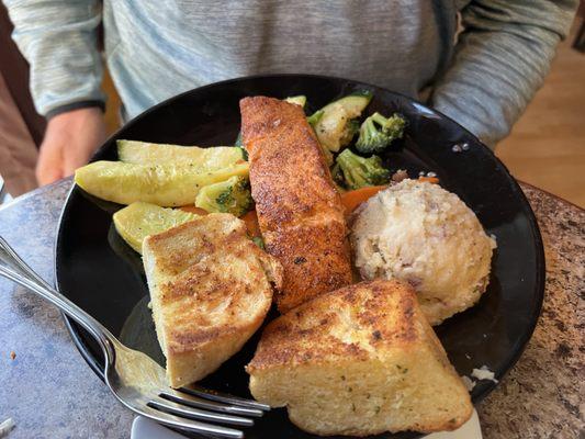 Blackened salmon, garlic mashed and market vegetables