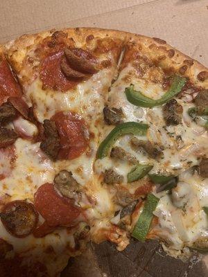 (Whole) Extra Cheese, Hand Pinch Italian Sausage , (left) Pepperoni, Old Style Pepperoni,  (right) Onions, Green Bell Peppers, Italian Seaso