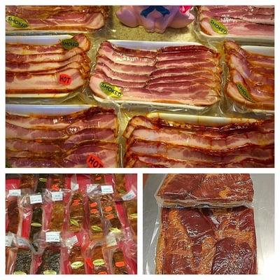 wide variety of smoked bacon, including: double smoked, pepper, garlic, honey garlic, Caribbean Jack, Sirracha, Dragon Fire, & more...