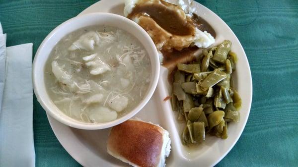 Chicken and dumplings with creamed potatoes, green beans and roll. Great meal!!!