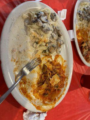 The hunger got the best of me but it was the Italian trio.  Alfredo added mushrooms, Lasagna and chicken Parmesan