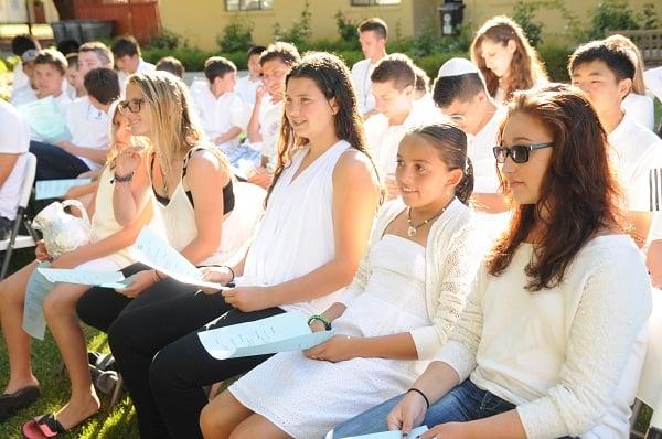 Campers dressed in white as we celebrate Shabbat in the Shabbat Garden