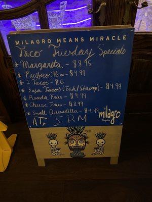 Taco Tuesday is back!!!  Specials are back even if slightly more expensive margaritas than other Mexican places in the area.