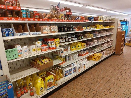 Baking supplies, frying batter, seasoning, and dried legumes.