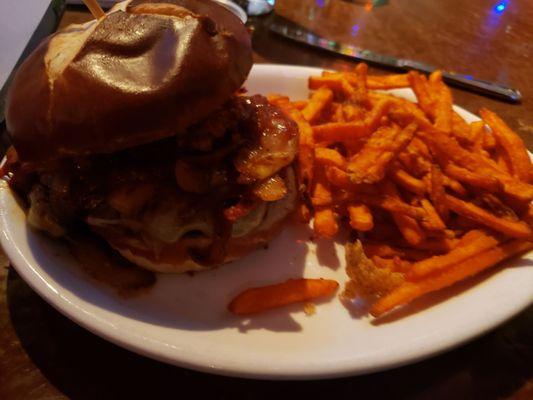 Burger and sweet potato fries