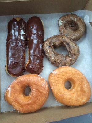 Chocolate long-johns, blueberry, and glazed.