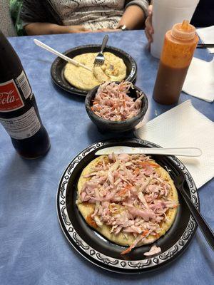 Revuelta pupusa with salsa and curtido. Cheese pupusa.