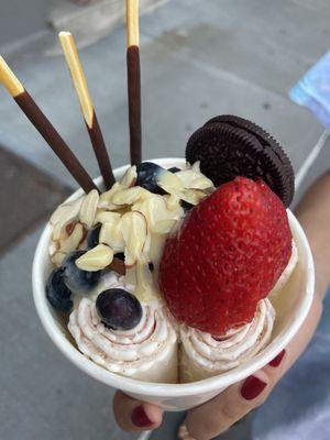 The Sweetheart Ice Cream + Condensed Milk Drizzle, Strawberry, Blueberries, Almonds, and Chocolate Pocky toppings