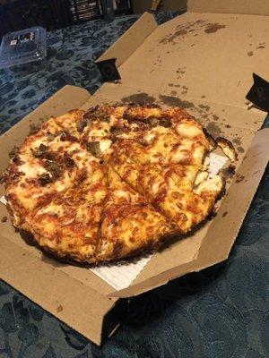 Perfect pan pizza. Even has a giant spatula gouge out the side. Burnt on edges but somehow raw In the middle. Sauceless. Not good.