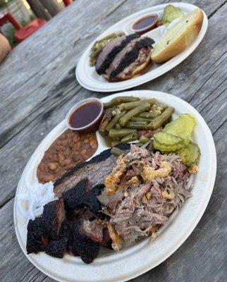 3 Meat Plate with Brisket (x2), Carolina Style Pulled Pork, Mom's Green Beans, & Pinto Beans