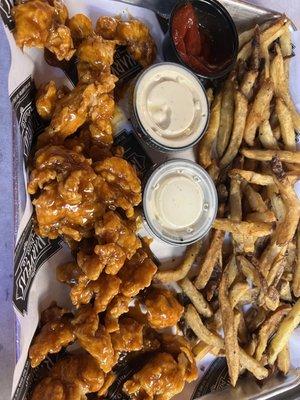 Chicken bites with fries (The Ranch and blue cheese is homemade. Both are great!)