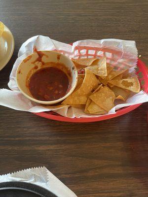 Chips and salsa. Salsa has a little kick.