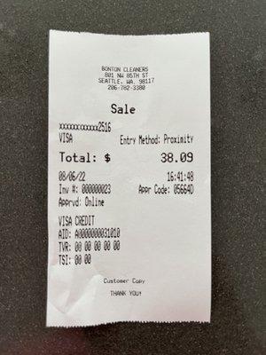 Receipt for cleaning 2 dress shirts and one 2-piece suit