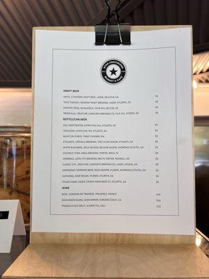 Beer and wine menu